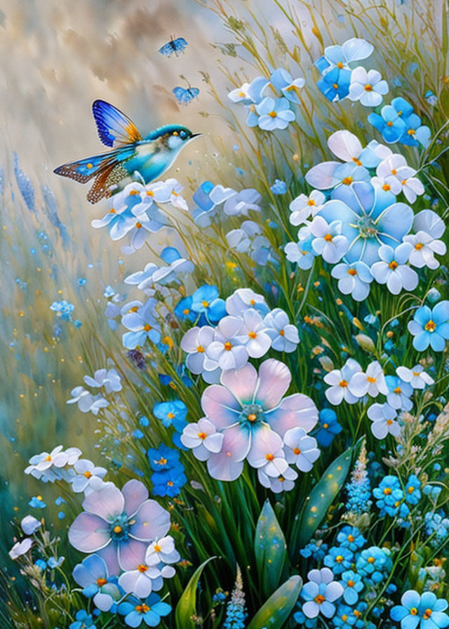 Colorful floral scene with blue and white flowers, green foliage, and a fluttering bird.