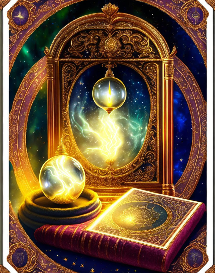 Golden mirror with cosmic starry background, glowing orb, old book on plush surface