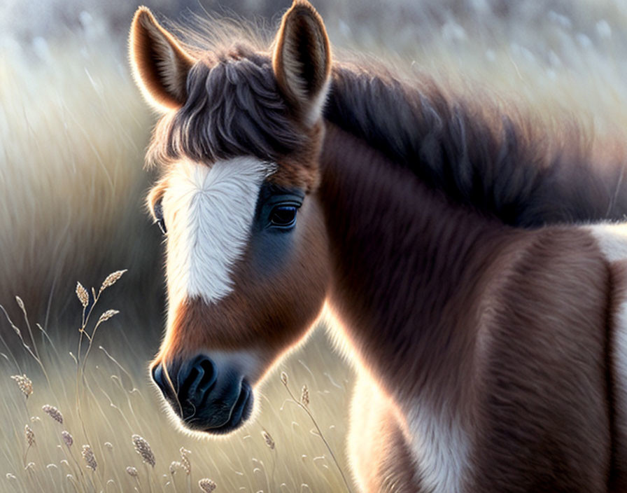 Brown horse with white blaze and thick mane in twilight field.