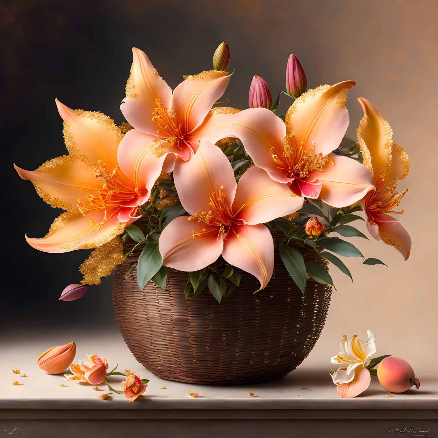 Realistic digital artwork of wicker basket with peach lilies and fruit