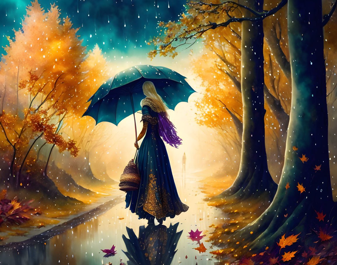 Autumn scene: Woman with umbrella by reflective water under starry sky