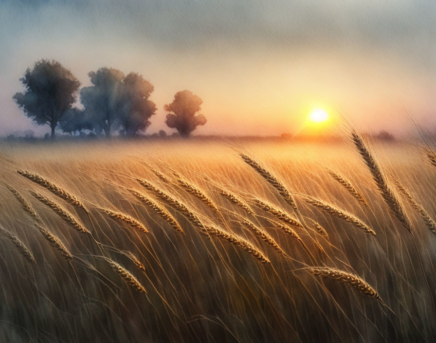 Tranquil sunrise scene over misty field with tall grass and silhouetted trees