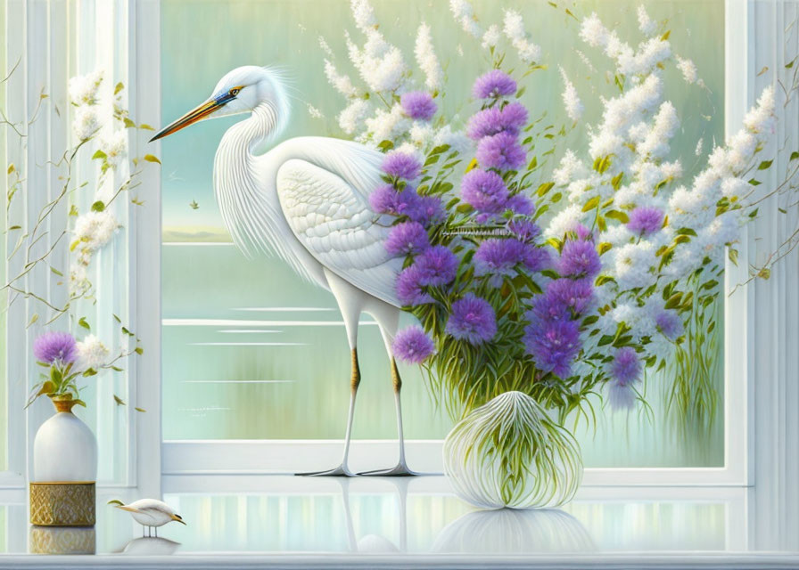 White egret beside purple flowers in serene painting