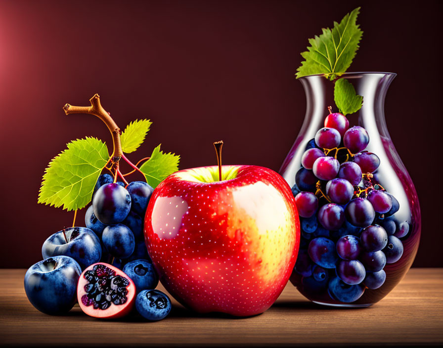 Fresh Fruit Arrangement with Apple, Grapes, Plums on Dark Background