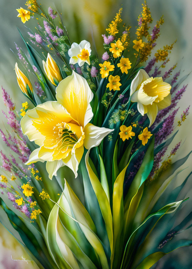 Yellow and White Flower Bouquet with Purple Accents on Textured Background