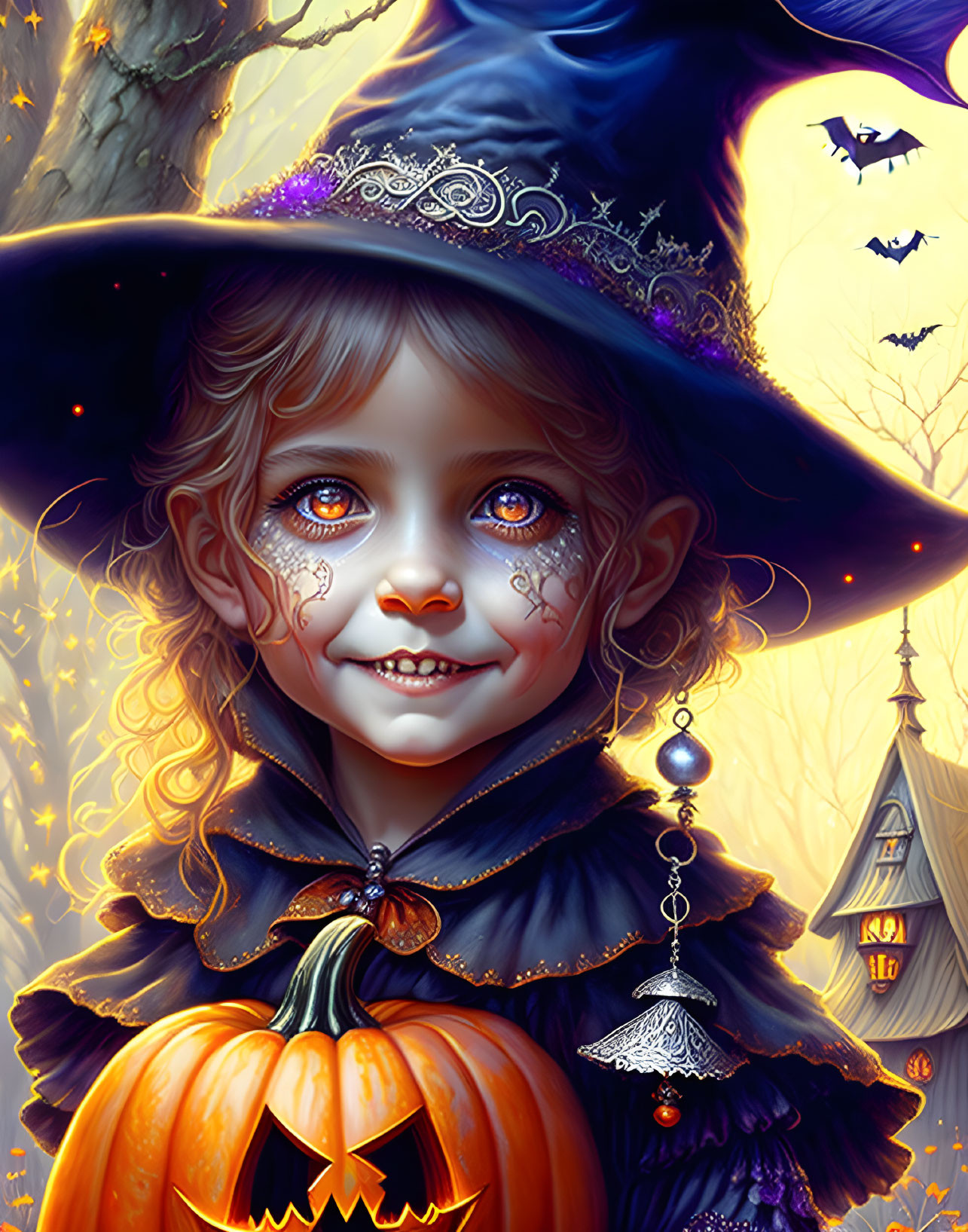 Young girl in witch costume with Halloween decorations