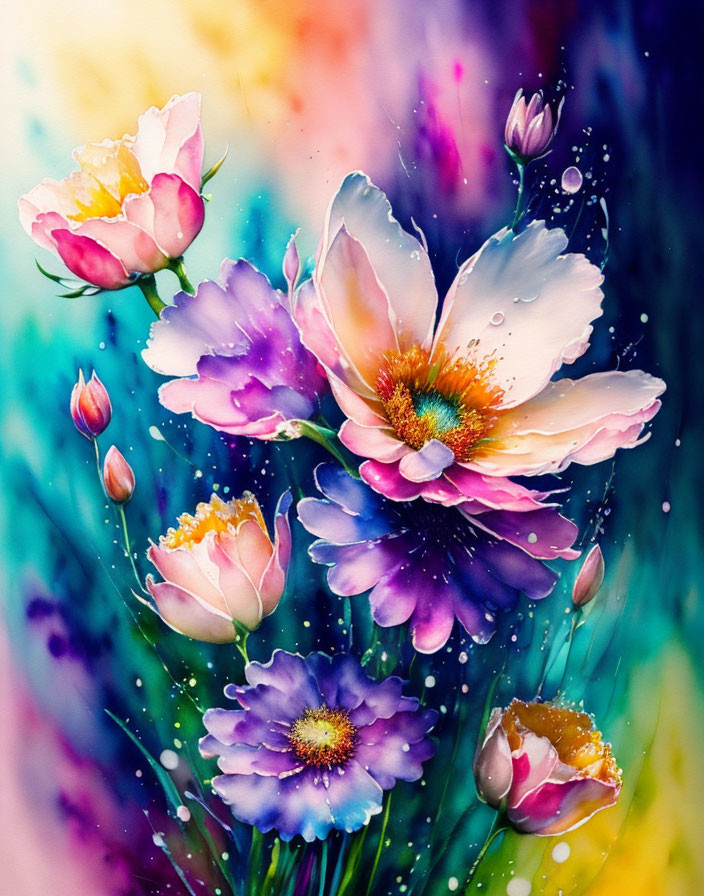 Colorful Watercolor Painting of Multicolored Flowers on Soft Background