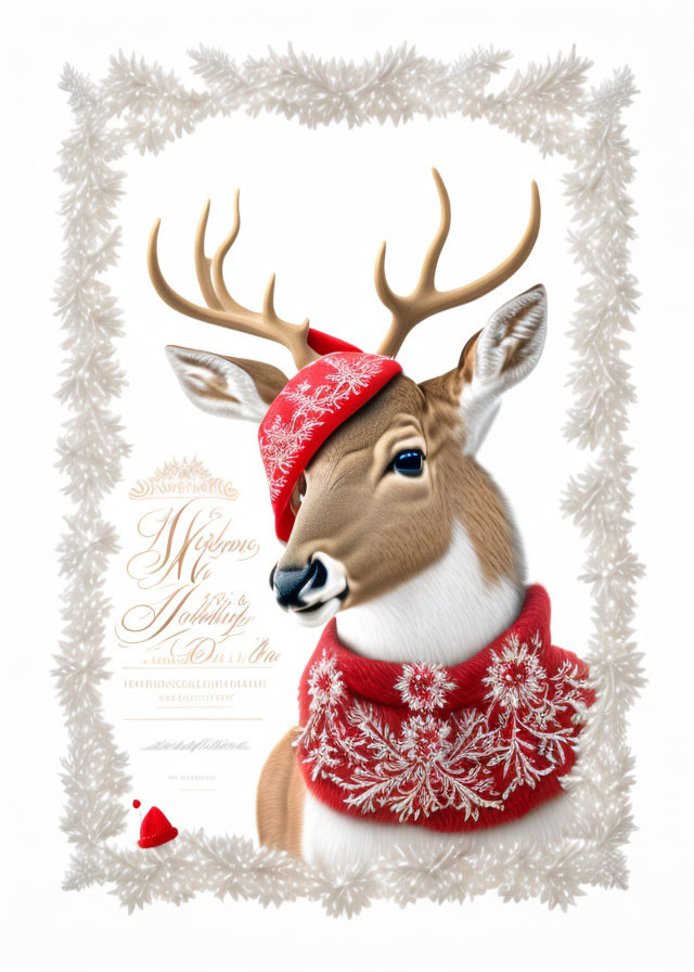 Festive Reindeer Illustration with Santa Hat and Red Scarf