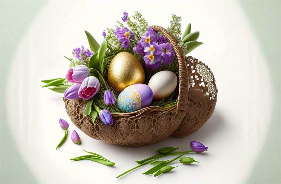 Easter-themed lace basket with flowers, eggs, and golden accent on green background