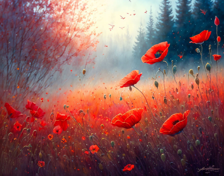 Vibrant red poppies in misty forest with floating petals