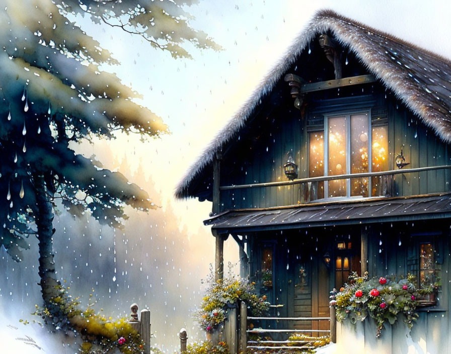 Thatched Roof Wooden Cottage with Christmas Lights in Snowy Evening