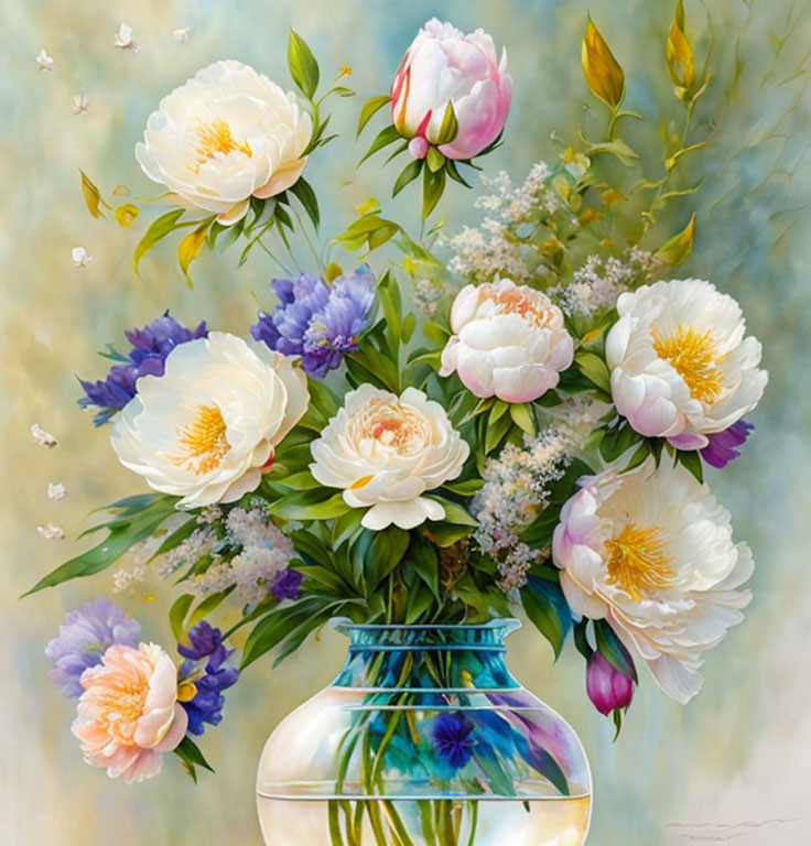 Full-bloom white and pink peonies in blue vase on textured background