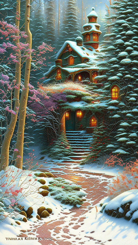 Snowy forest cottage with twinkling lights and pink-hued trees