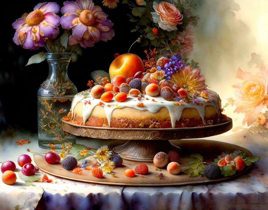 Decadent cake with fresh fruits, flowers, and berries under warm light