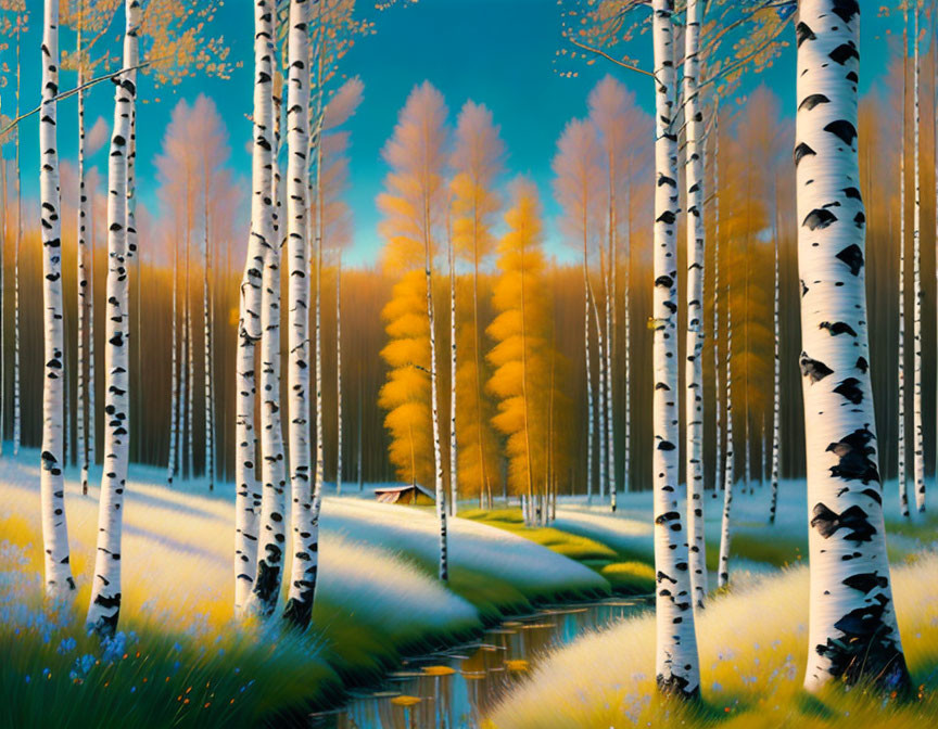 Tranquil forest scene with birch trees, autumn foliage, and sunset reflection