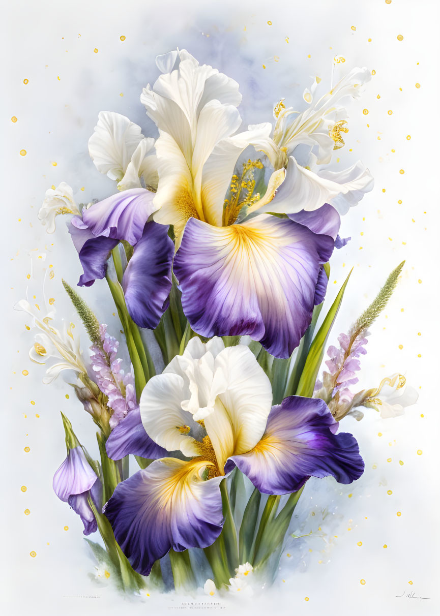 Detailed depiction of white and purple iris flowers with yellow accents on cream backdrop