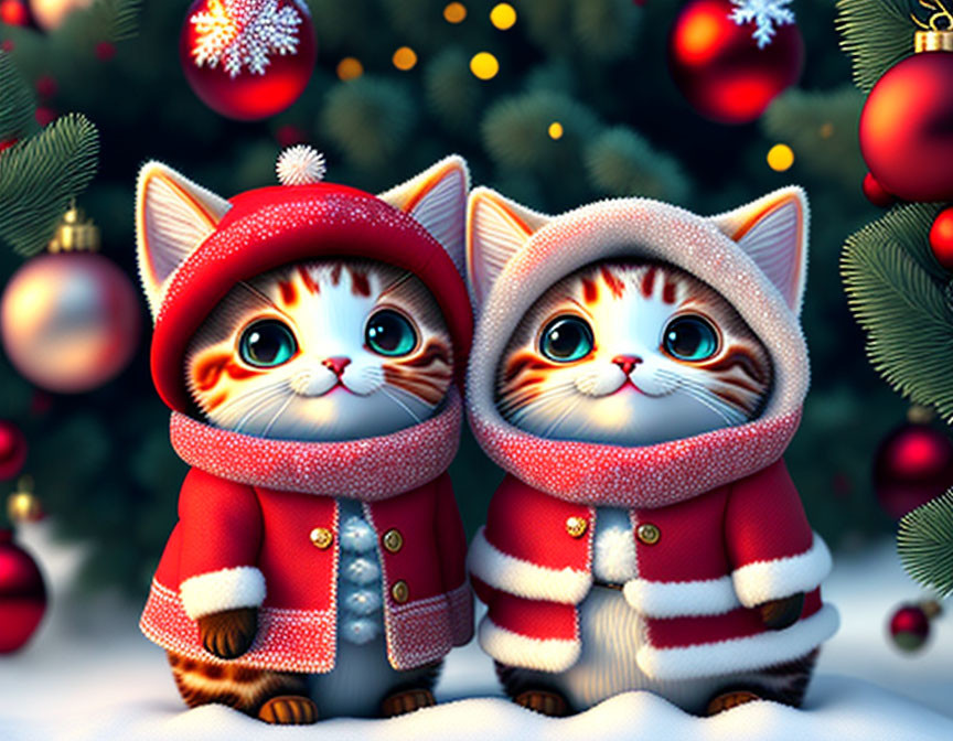 Two Santa-clad kittens by a festive Christmas tree.