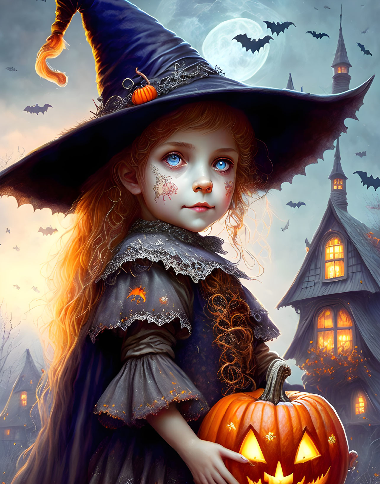 Young girl in witch costume with jack-o'-lantern and spooky background.