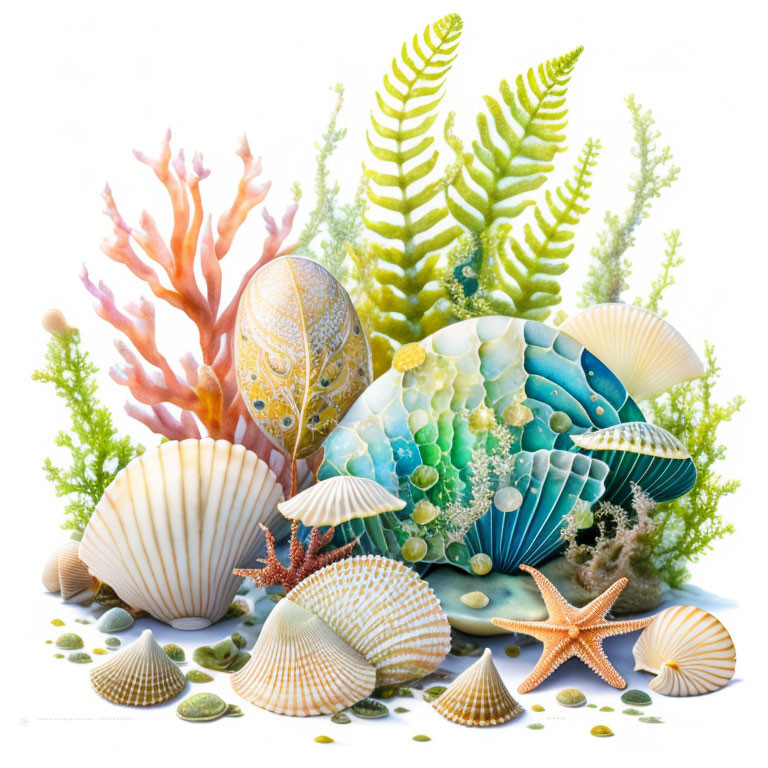 Colorful Seashells, Starfish, Coral, Algae, and Egg Illustration