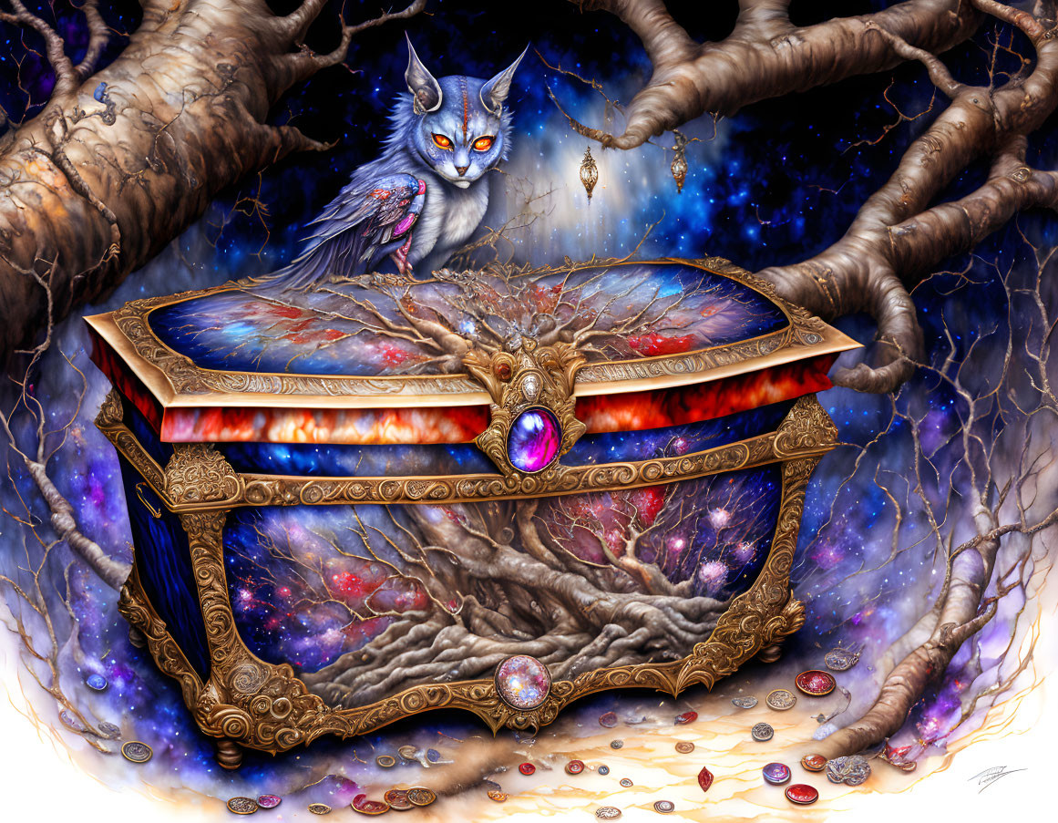 Intricate Cosmic Chest with Tree Motifs and Owl on Starry Background