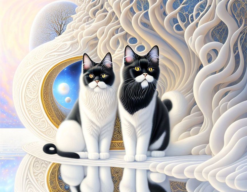 Illustrated black and white cats with intricate patterns in nature-themed fantasy setting.