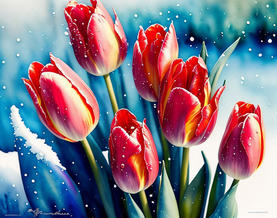 Colorful painting of red and yellow tulips on snowy blue backdrop