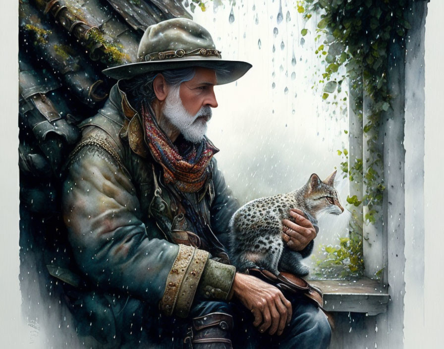 Elderly man holding small wild cat by rainy window