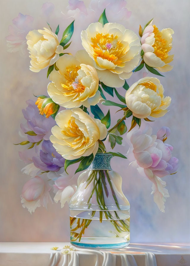 Translucent vase with yellow and white peonies on dreamy background