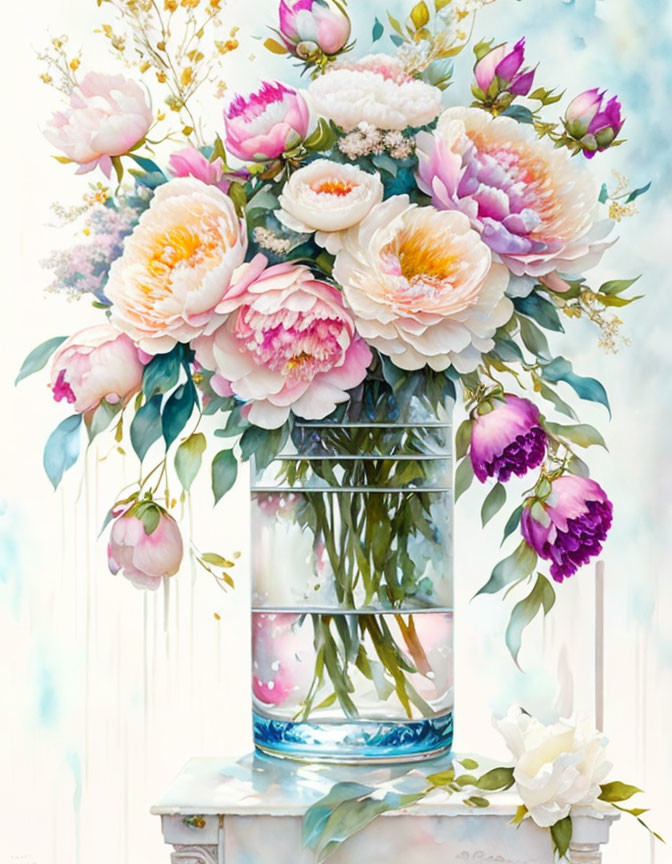 Colorful bouquet of peonies in vase on marble platform against light blue backdrop