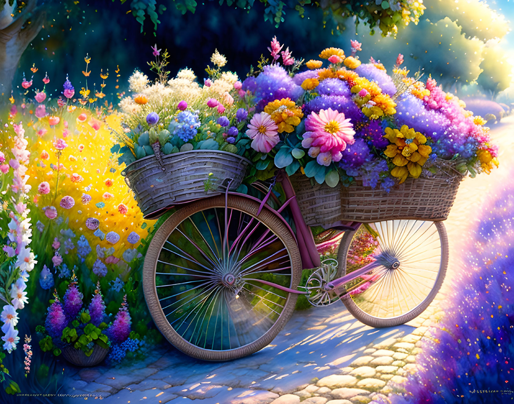 Vintage Bicycle with Colorful Flower Baskets in Vibrant Garden