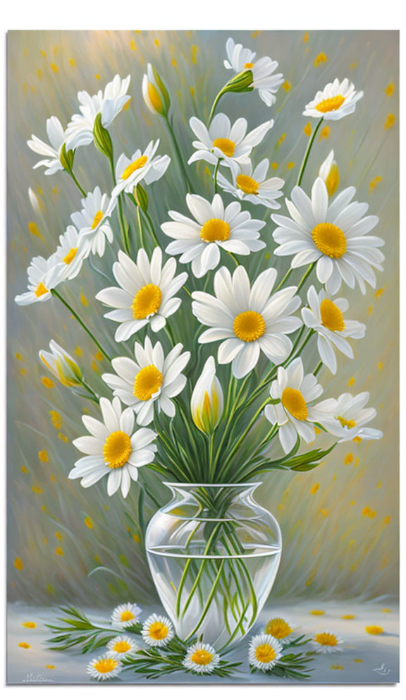 Colorful painting of white daisies in glass vase on gray background