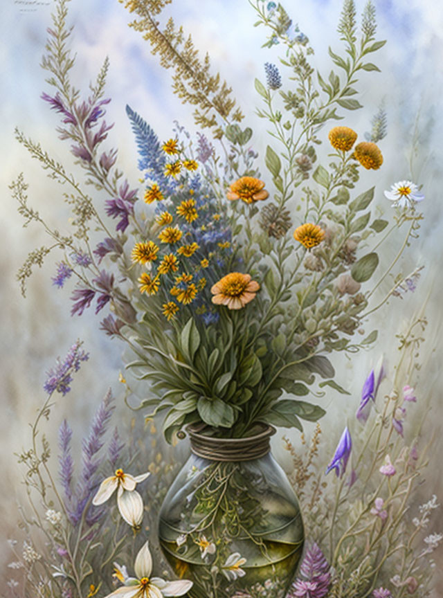 Vibrant wildflowers in purple, yellow, and white hues in glass jar vase