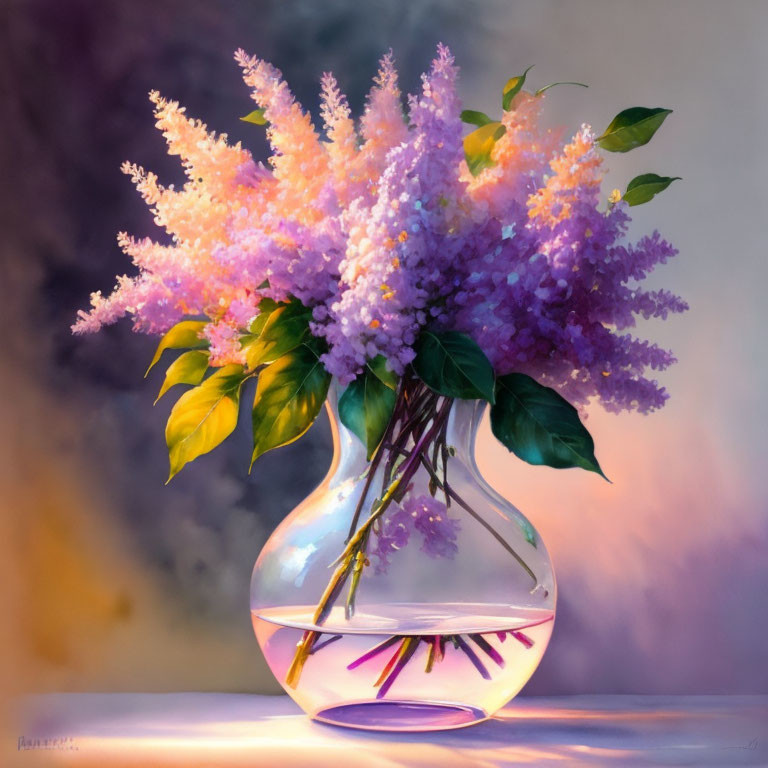 Purple Lilacs Bouquet in Glass Vase on Softly Illuminated Background