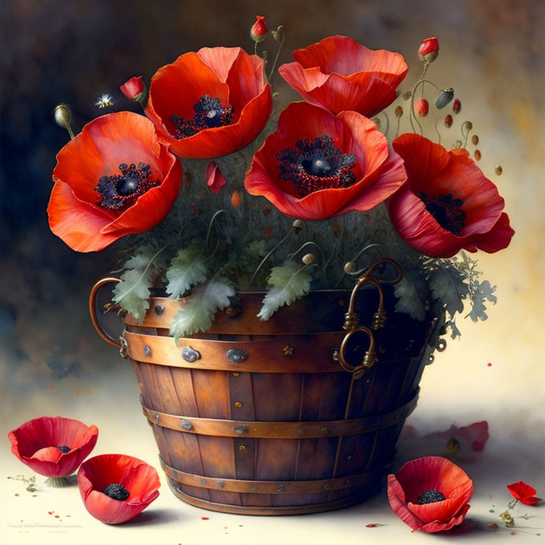 Vibrant red poppies in wooden bucket with green foliage