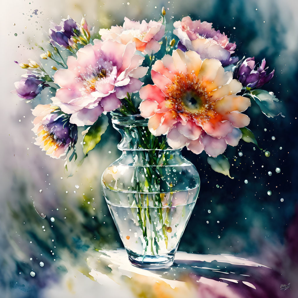 Colorful Watercolor Flowers in Glass Vase on Speckled Background