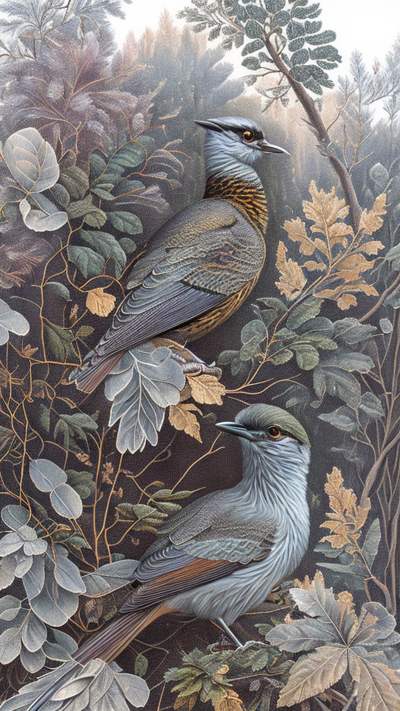 Detailed Birds Perched in Green Foliage with Feather Patterns