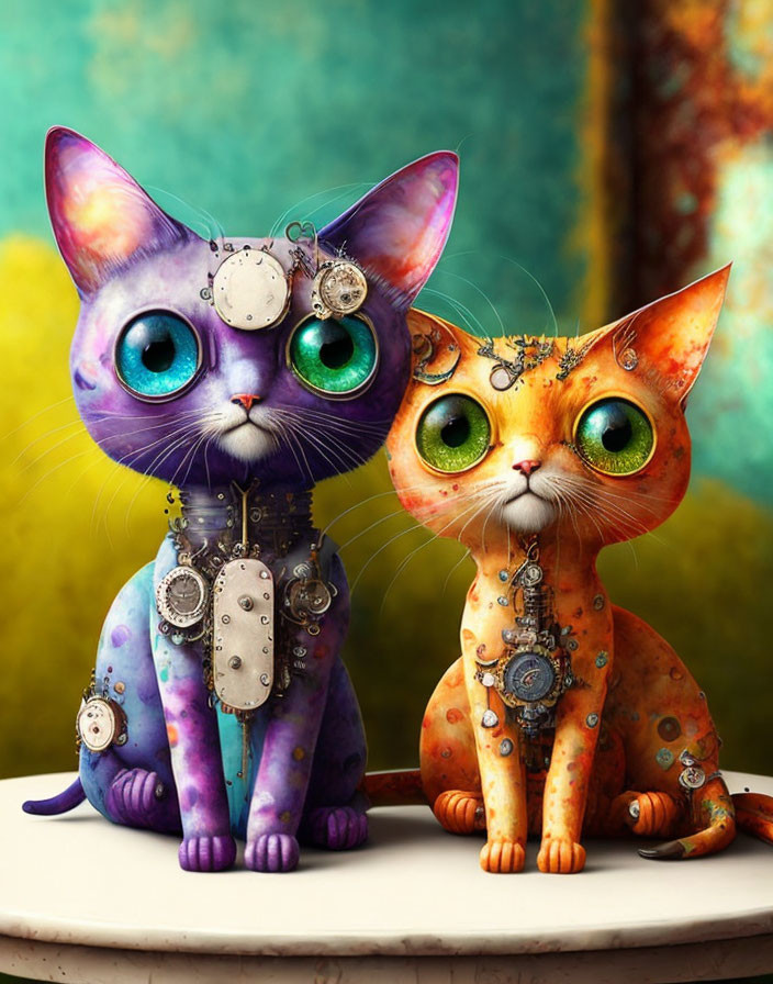 Steampunk-inspired cats with mechanical parts on vibrant background