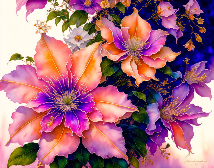 Colorful floral painting with pink, orange, and purple flowers.