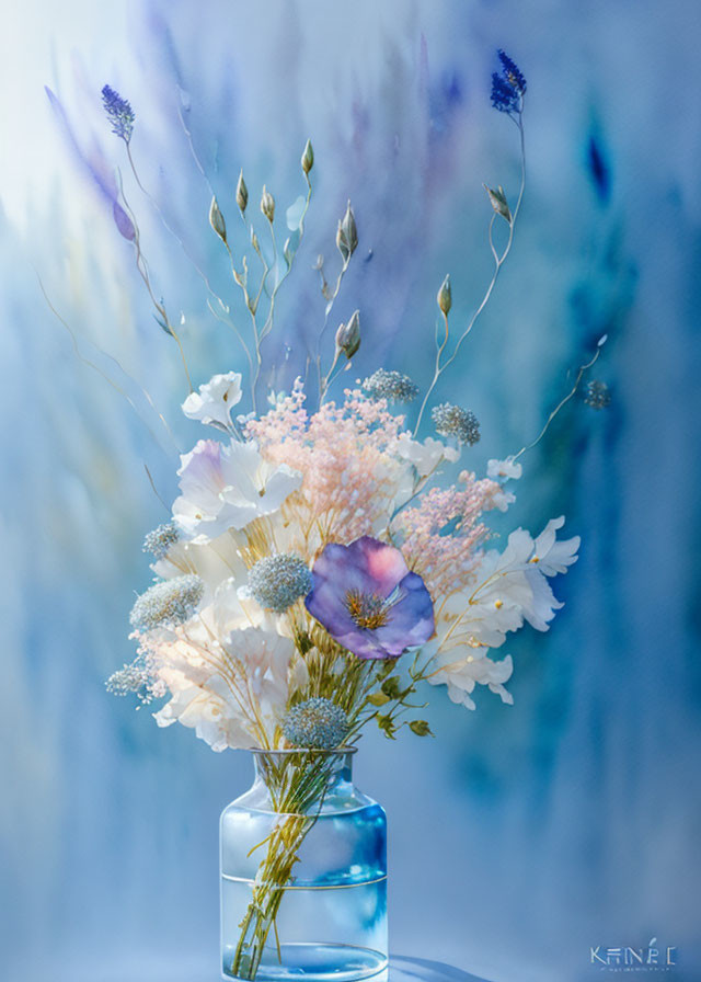 White and Light Purple Flowers in Transparent Blue Vase on Soft Blue Watercolor Background