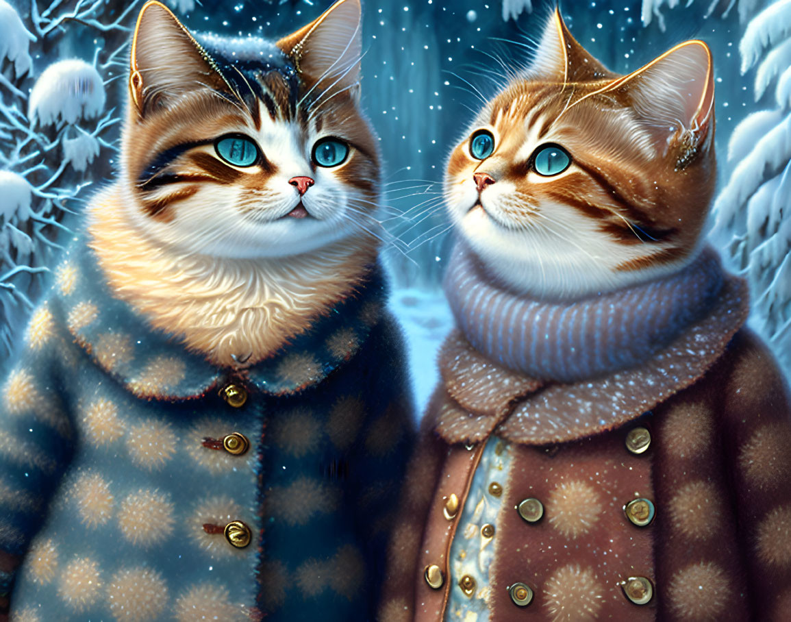 Two cats with blue eyes in winter coats against snowy backdrop.