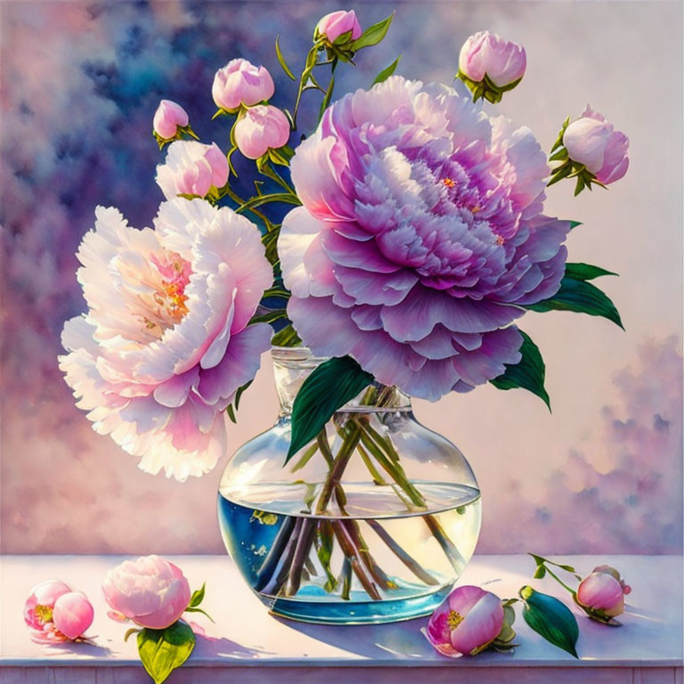 Pink peonies in clear vase on table with pastel background