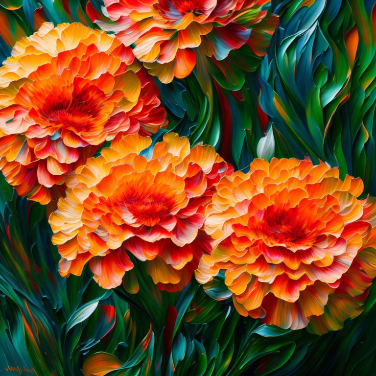 Bright Orange Flowers with Ruffled Petals in Lively Painting Style