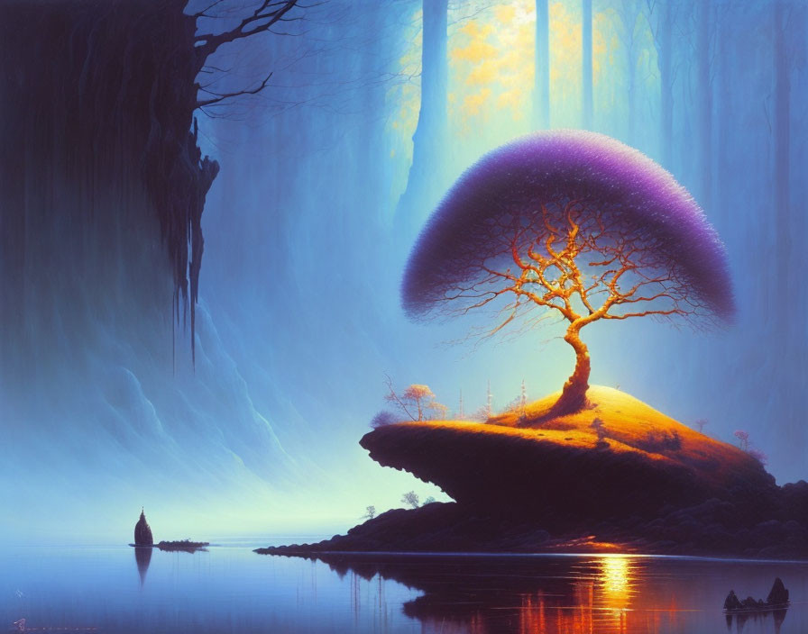 Fantastical glowing tree painting on island with canoes