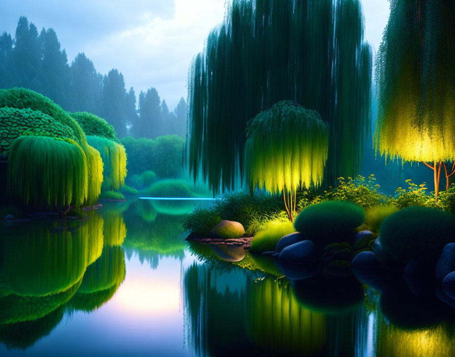 Tranquil pond at twilight with weeping willows and shrubs reflected in calm waters