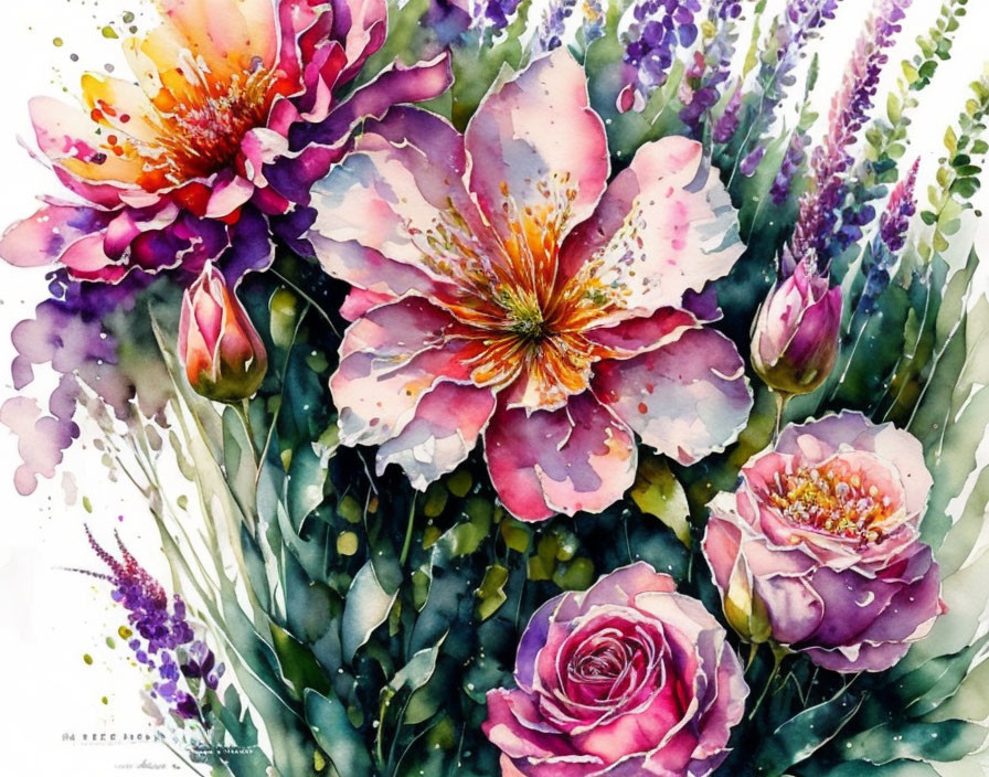 Colorful Watercolor Painting of Roses, Tulips, and Foliage