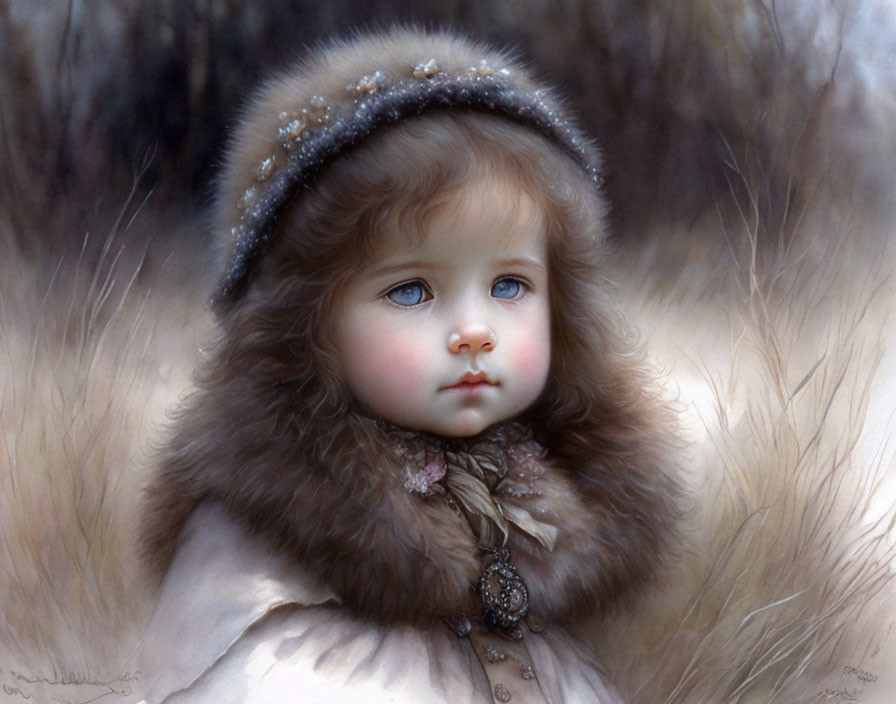 Portrait of young girl in fur coat and headband against wintry background