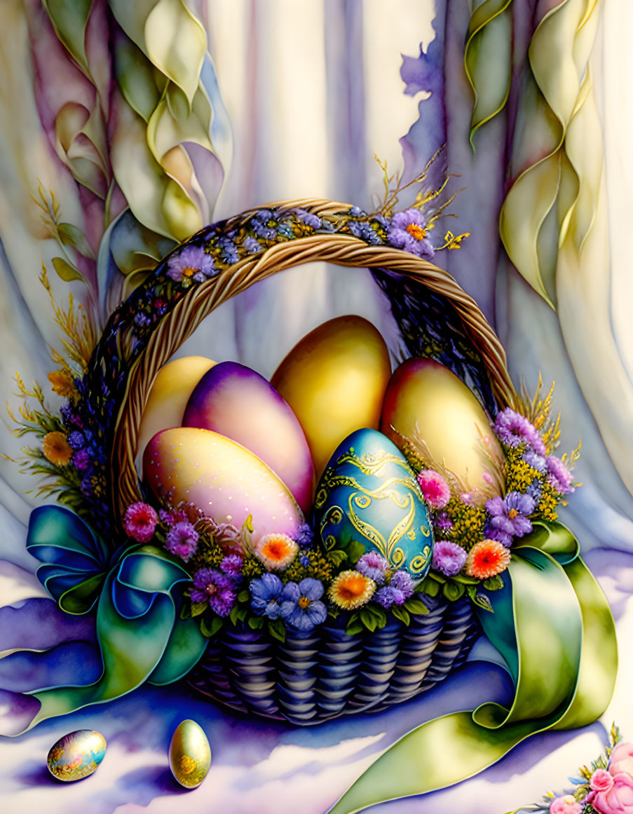 Decorated Easter eggs in ornate basket with flowers and ribbons on draped fabric.