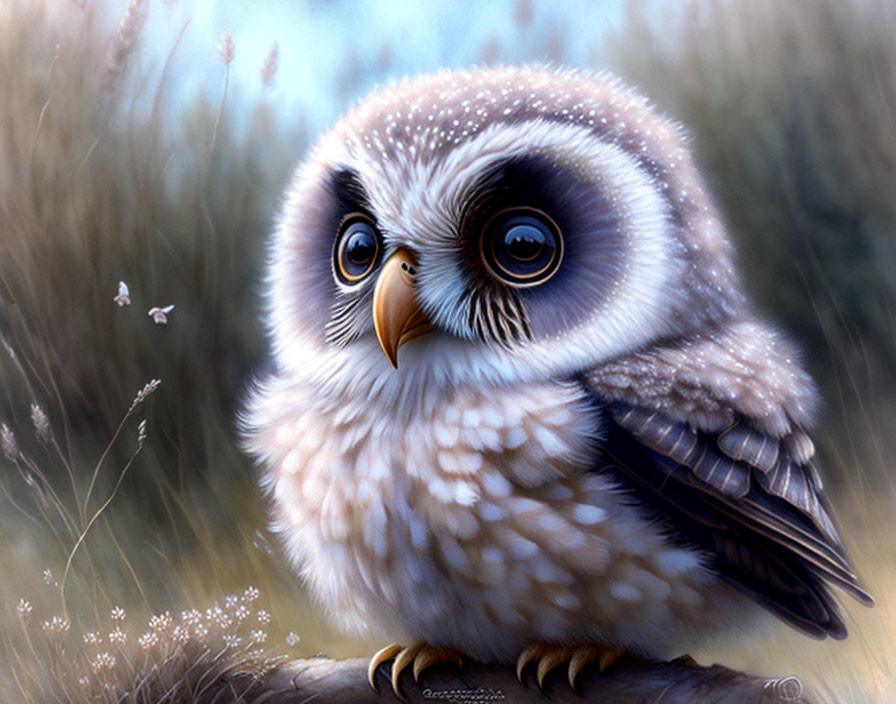 Fluffy Owl Illustration in Serene Meadow