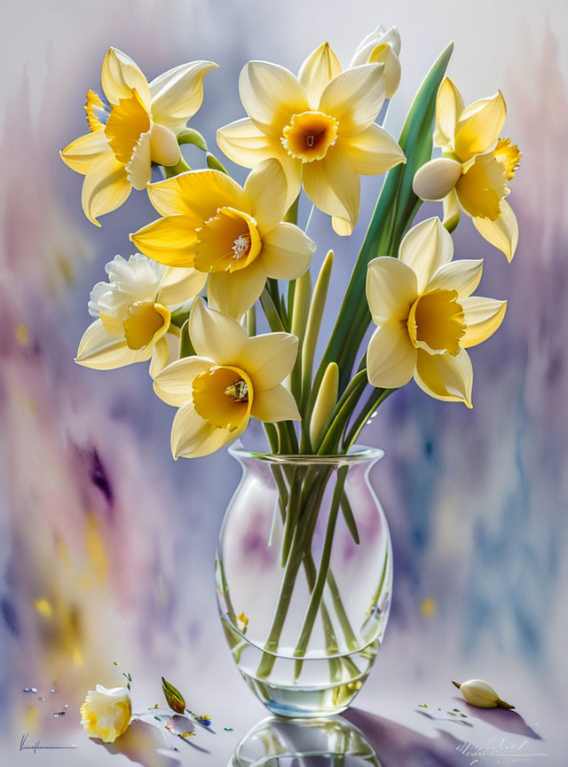 Bright yellow daffodils in a vase on pastel background