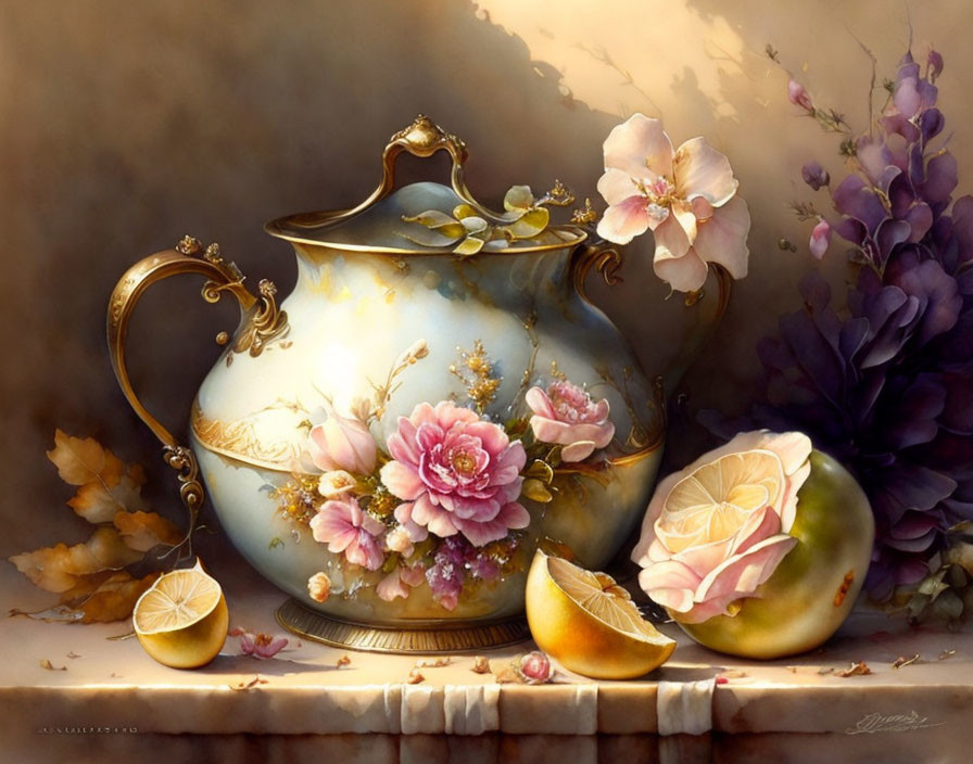 Floral Teapot with Lemons and Purple Flowers on Earthy Background